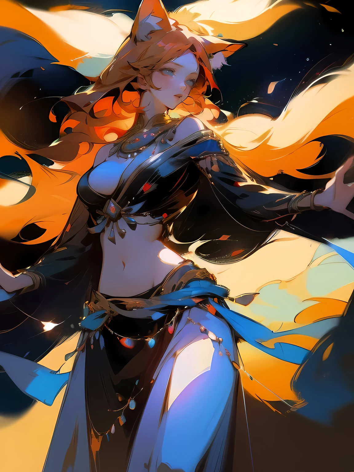 Designed by nty, 1 girl, light smile,  (8K, best quality, masterpiece: 1.4), (fox woman), ultra high resolution, super detailed, Light, Close-up cleavage, beautiful girl, 1 girl, kitsune, fox ears and tail, orange hair, blue eyes, dancing, sexy belly dancer costume, detailed facial features, detailed eyes, detailed lips, medium: digital painting, intricate details, highly detailed, 8k, photorealistic, masterpiece, cinematic lighting, dynamic pose, magical, (detailed eyes:1), (perfect eyes:1,3), KitsuneGirl, EGirlMakeup, Style by NTY, colorful, Female, Bright colours, saturated colours, In the background is a stage for dancing, expensive decorations 