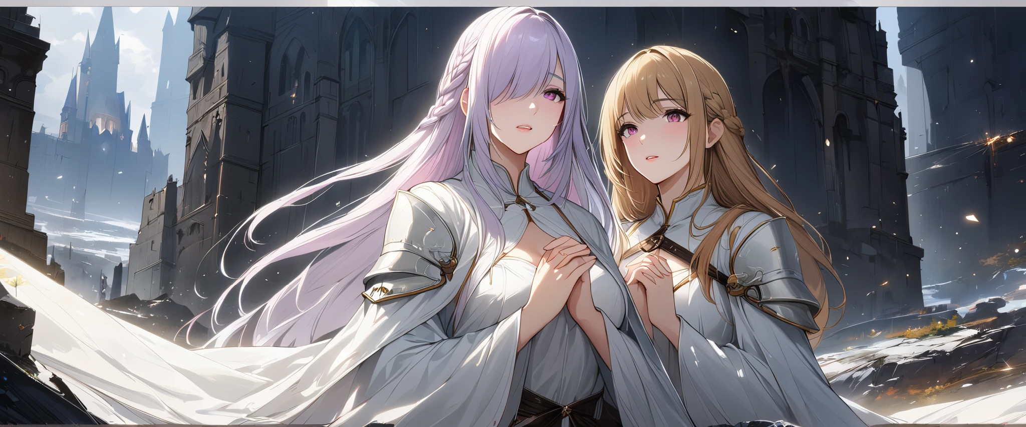 (masterpiece, UHD, 8K, 16K, ultra detailed, best quality:1.2), illustration, yuri, 2girls, (duo focus), Ily(girl on left, white long braided hair, hair over one eye, pink eyes, looking at Rize, praying, using a sister dress, priestess), Rize(girl on right, short hair, tomboy, Golden eyes. rainy bangs, wearing a skimpy knight armor, holding sword), A fallen kingdom background, fallen flag, dark fantasy, medieval, Priestess and Knight, behind a castle ruin