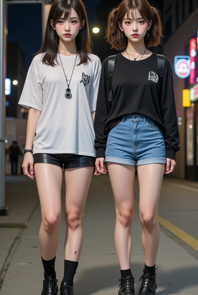 (8k:1.27), best quality, masterpiece, ultra highres:1.2), two kidnapped lesbian goth girls with arm tattoos kissing each other, tattooed girls, full body picture, old white rock band oversized knotted t-shirt, big t-shirt, short big sleeves, black short sport pants tied with a rope, wearing dirty old goth clothes, dyed yellow blonde hair, short blonde bob hairstyle shoulder length, blonde hair bangs, dyed bright red hair with red messy bun, one girl kneeling and one girl standing in a dirty room, handcuffed, one girl with hands tied with rope behind body, submissive neck choker and leash in neck, 4k or 8k picture, looking at the floor down very sad, very sad face, paisley bandana ribbon hairband, smelly, barefoot, rope hanging from ceiling, one girl dominating the other one by pulling her to a wall