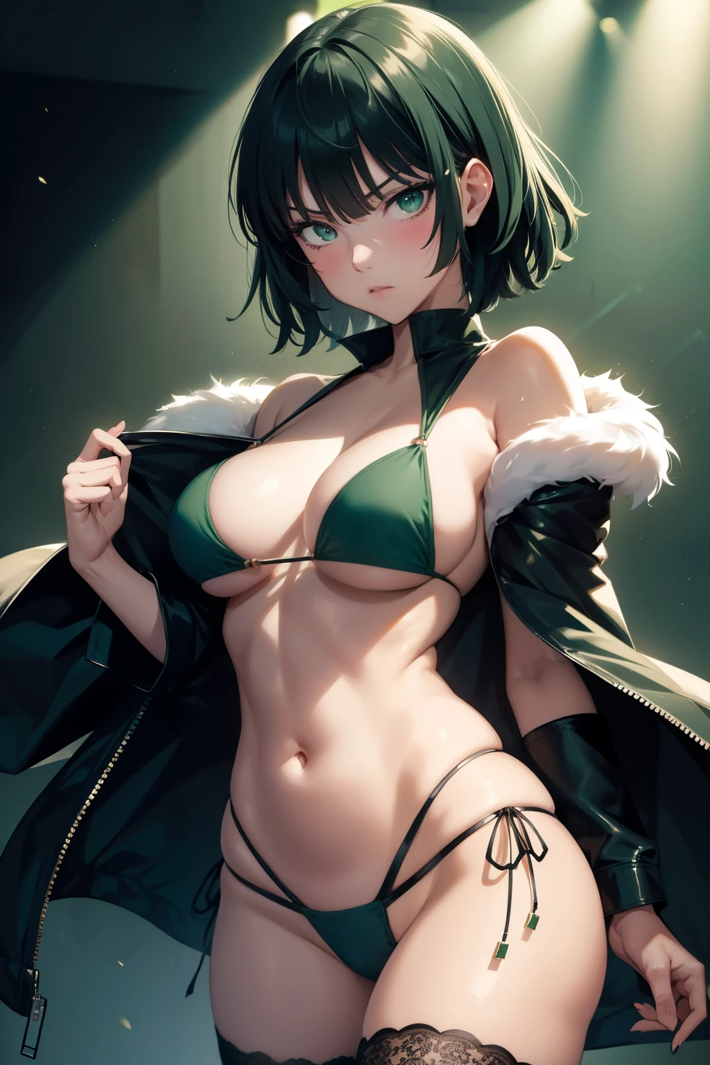 Fubuki  ,1girl , anime , masterpiece  , green hair, jaqueta aberta open clothes ,angry face,  blush, solo ,   black tight Bikini sexy , Lace stockings , rave. Nightclub