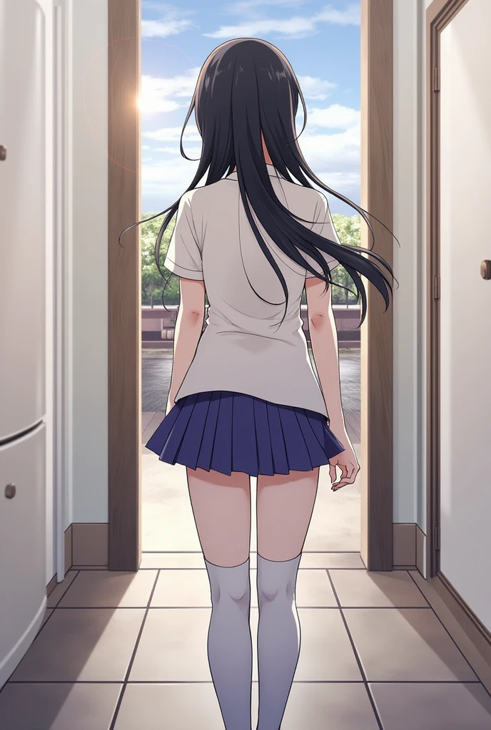 best quality, iesk, 10 years old girl, white shirt, bare arms, blue skirt, standing,  side view, <lora:iesk:1>