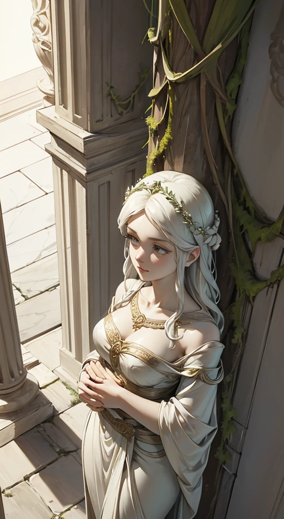 1girl, beautiful teenage girl, beautiful 13 year old girl, very small breasts, long wavy white hair, thin jaw, large white sash covering breasts, golden decorations, portrait, oil painting, realistic proportions, intricate, intricate details, sharp focus, beautiful female body, classical painting, outside, greek temple