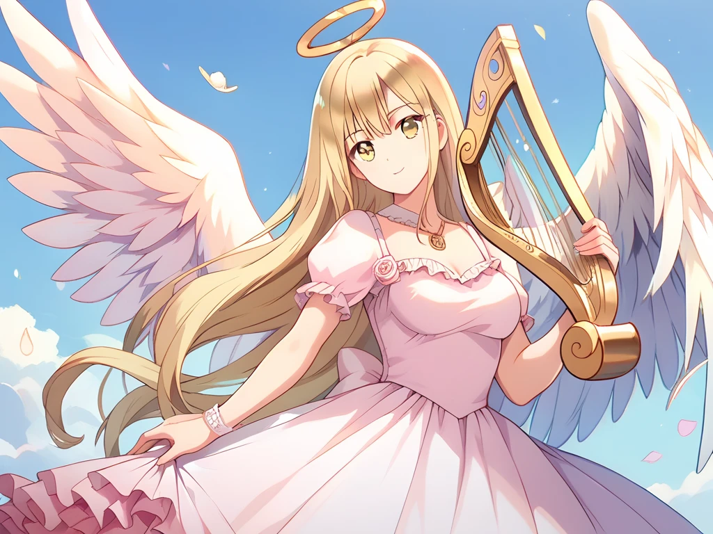 1girl, angel wings, heaven, rose dress skirt, beautiful, yellow hair, yellow eyes, pretty, harp hand, light sky