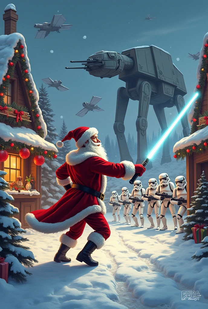 A whimsical scene depicting Santa Claus' village under attack by Stormtroopers, with AT-AT walkers and TIE fighters in the sky. Santa, wielding a lightsaber, bravely defends his village. The environment is festive, filled with snow, Christmas decorations, and a cozy atmosphere, while the sci-fi elements clash with the traditional holiday setting. The characters are vibrant and dynamic, showcasing a mix of holiday cheer and intense action.