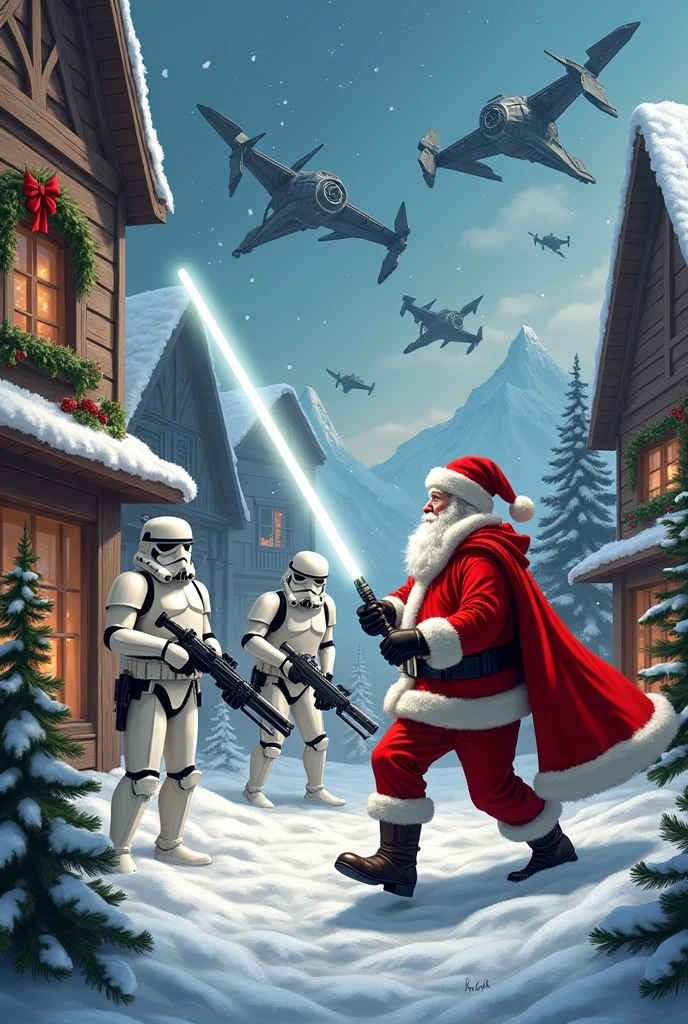 A whimsical scene depicting Santa Claus' village under attack by Stormtroopers, with AT-AT walkers and TIE fighters in the sky. Santa, wielding a lightsaber, bravely defends his village. The environment is festive, filled with snow, Christmas decorations, and a cozy atmosphere, while the sci-fi elements clash with the traditional holiday setting. The characters are vibrant and dynamic, showcasing a mix of holiday cheer and intense action.