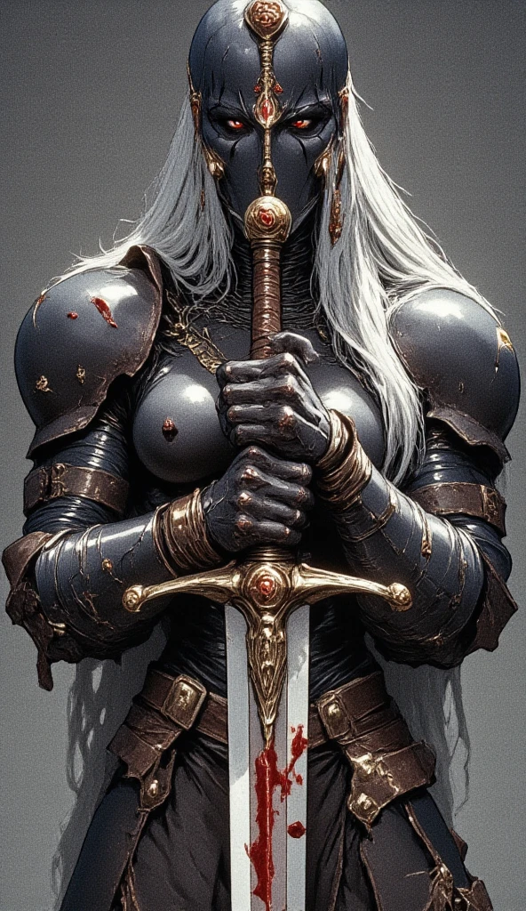 An image of a gloomy warrior in leather armor. On it, a black helmet in the form of a crown covers the eyes with long points upwards. Her long, silvery-white hair flows over her shoulders, creating a contrast to her heavy, battle-marked armor. She holds a huge sword in front of her, the blade of which is stained with fresh blood. The background of the image is covered with gray fog, enhancing the mystical atmosphere. Her appearance, complemented by leather straps and bracers(masterpiece Photography by Mario Giacomelli:1.2), , diadem on her head, fog, mystic, NSFW, (luminar , vivacious , masterful:1.4), hyper detailed, expressive, award winning photography, full body portrait, by lee jeffries, nikon d850, film stock photograph ,4 kodak portra 400 ,camera f1.6 lens ,rich colors ,hyper realistic, lifelike texture, dramatic lighting, cinestill 800 (scenery:1.4), (intricate details, masterpiece, best quality:1.4), (skin pores), ring light , looking at viewer, dynamic pose, wide angle view, atmospheric haze, Film grain, cinematic film still, highly detailed, high budget, cinemascope, moody, epic, OverallDetail, gorgeous, photorealistic, candid camera, color graded cinematic, eye catchlights, atmospheric lighting, ((skin pores)), imperfections, natural, shallow dof,ct-redha,ct-blodolx,ct-popcornlover,ct-marcela,ct-vegatity
