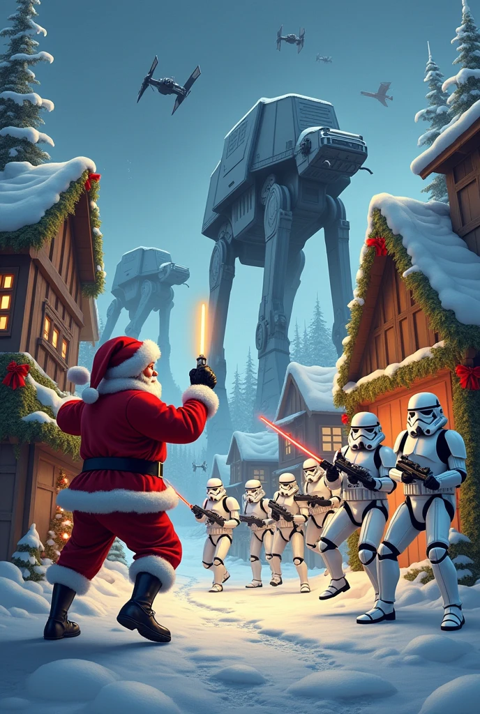 A whimsical scene depicting Santa Claus' village under attack by Stormtroopers, with AT-AT walkers and TIE fighters in the sky. Santa, wielding a lightsaber, bravely defends his village. The environment is festive, filled with snow, Christmas decorations, and a cozy atmosphere, while the sci-fi elements clash with the traditional holiday setting. The characters are vibrant and dynamic, showcasing a mix of holiday cheer and intense action.