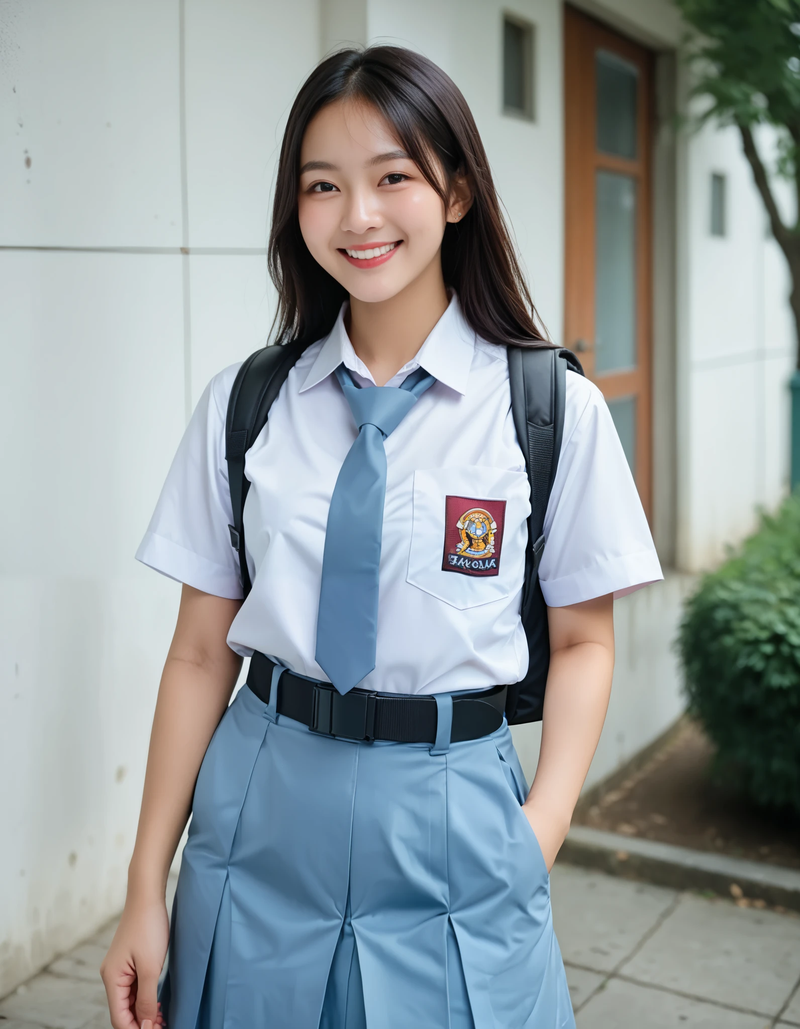 (masterpiece, best quality:1.0), highly detailed,  detail,  1girl,  Asian girl, long hair, black hair, Indonesia high school uniform, wearing white collared shirt, short sleeves, light blue skirt, pleated skirt, wearing black belt, light blue neck tie, pocket, school logo on pocket, outdoor,  smile,  standing, cowboy shot, wearing backpack, black backpack