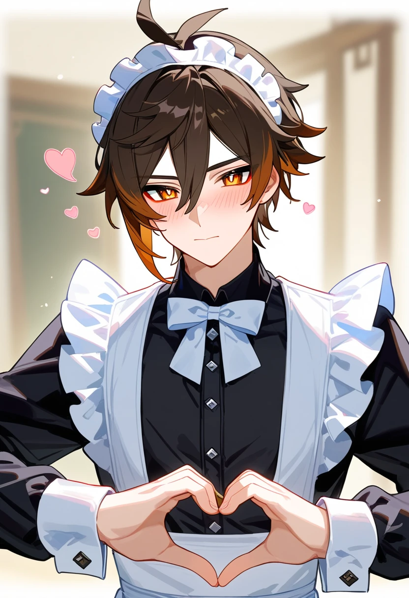 masterpiece, best quality, extremely detailed, 1boy, male focus, handsome man, solo, Zhongli(Genshin impact), kawaii, maid outfit, long sleeves, heart hands, blush, upper body