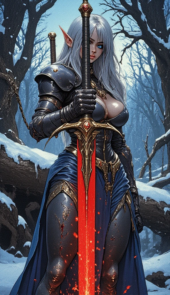 fantasy stylised illustration, A Luminogram of an elf ice queen, ((photorealistic)), long hair, large braid, medium breasts, slim body, blue eyes, perfect body, (beautiful fantasy armor, intrincate details), (wielding a sword that shoots fire and water), (( dripping with crimson blood)), at night, n the heart of an enchanted forest, her icy gaze reflected in an eerie, , masterpiece, 8k high quality, sharp focus . Film grain and blur enhance the cinematic feel, transporting us back to a low-res 1980s movie screen. In this mystical world, she embodies a seductive power, her gold-adorned black belt and chains a testament to her mysterious allure.,ct-chasartre,ct-dbe,ct-blodolx,ct-bibity,ct-style10,ct-leetity,ct-coramay,ct-vlaoba,ct-yung4,ct-emylyyy,ct-sonan4,ct-vero13g3,ct-naeun7,ct-abu,ct-katakrat,anime,cyberpunk,ct-identityV2,ct-animefilm,ct-totpot,ct-hope2,ct-eli2,ct-redha,ct-joyseodity3,ct-nirely_3,ct-styleq725
