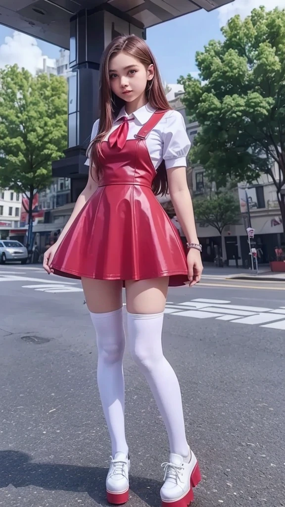 full body , fitted figure , cute beautiful schoogirl, beautiful cute **** face with big lips , High Waisted red leather skater pinafore dress, blouse short puffy sleeves , High Waisted red leather  skater dress, red pioneer neckerchief , brunette long hair, Beautiful eyes. white stockings, thick platform shoes, a girl stands against the backdrop of a futuristic city  flying cars in the sky,  green leaves on the trees, photorealistic, Full body