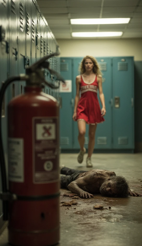 Foreground shooting， shot from the perspective of a fire extinguisher in the distance ，Locker room in a school bathroom ，A zombie on the ground with a fire extinguisher ，The fire extinguisher blocks the foreground of the screen，Zombies are the focus of the picture ，Foreground blur， In the distance, there is a blurred back of a woman wearing a red cheerleader uniform，Back view of a woman running away 