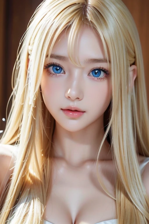 The most beautiful girl with long blonde hair in the world、 very beautiful shiny cute face 、Beautiful shiny white skin、Glowing cheek highlight、beautiful cute sexy pale blue eyes 、hair over eyes、hair over one eye、hair between eyes、 large double eyelid eyes 、 beautiful very long shiny silky light blond straight hair、Sexy 、A cute beautiful girl with long bangs、The most beautiful girls in the Western world、Round face、Adorable appearance、