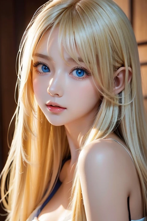 The most beautiful girl with long blonde hair in the world、 very beautiful shiny cute face 、Beautiful shiny white skin、Glowing cheek highlight、beautiful cute sexy pale blue eyes 、hair over eyes、hair over one eye、hair between eyes、 large double eyelid eyes 、 beautiful very long shiny silky light blond straight hair、Sexy 、A cute beautiful girl with long bangs、The most beautiful girls in the Western world、Round face、Adorable appearance、