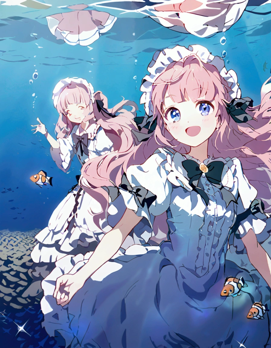 2 cute girls, light, ta, pink hair, details, ribbon, bang, dress, under water, fish, smile, mirror