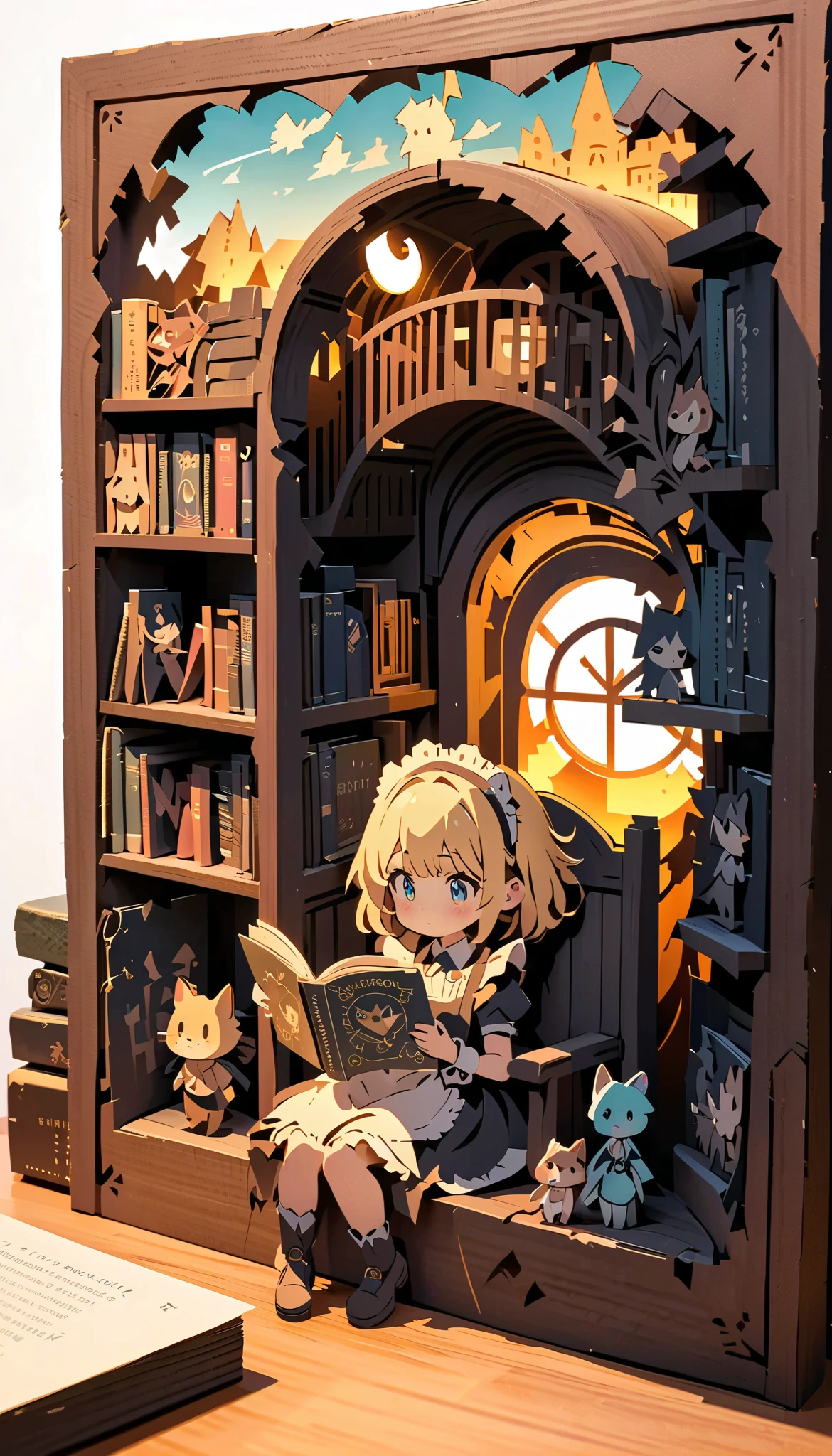 (  masterpiece  :1.2), ( top quality:1.2),  super high resolution,  very detailed,   PERFECT LIGHTING , Android girl reading a book,  sit on a chair,  golden hair ,  maid outfit ,  supernatural fantasy, cute, pastel colors,  Paper Cut Art , flat paper cutouts , Paper Art,  digital art ,  anime style illustration  , Animated Illustration , white background , Paper cutting,  dark and feel-good macro photo of a bookshelf