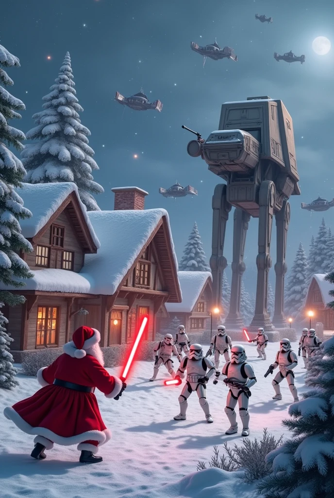 A whimsical scene depicting Santa Claus' village under attack by Stormtroopers, with AT-AT walkers and TIE fighters in the sky. Santa, wielding a lightsaber, bravely defends his village. The environment is festive, filled with snow, Christmas decorations, and a cozy atmosphere, while the sci-fi elements clash with the traditional holiday setting. The characters are vibrant and dynamic, showcasing a mix of holiday cheer and intense action.