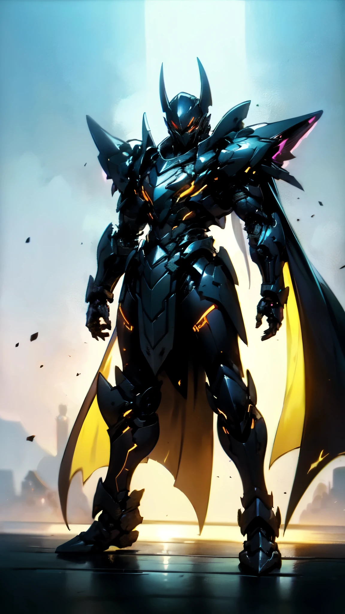 (masterpiece:1.5, best quality:1.5, extremely delicate:1.5), ((male:1.5)), a man wearing a full-face helmet, high-tech biomimetic armored combat suit, (a composite layered chest armor), the design balances heavy with agility, fully enclosed shoulder guards, matching arm and leg guards, a belt of gemstone, (the color scheme is primarily Yellow with Red and Purple accents, Organic Biotech, Concept Inspired by Vampire, glowing eyes, armor glows, huge cloak like devil wings, blood), stand of a futuristic sci-fi city, this character embodies a finely crafted fantasy-style armored hero in anime style, exquisite and mature art style, metallic, high definition, highres, ultra-detailed, ultra-fine painting, professional, perfect body proportions, golden ratio, anatomically correct, symmetrical face, extremely detailed eyes and face, high quality eyes, creativity, RAW photo, UHD, 32k, Natural light, cinematic lighting, (masterpiece-anatomy-perfect:1.2)