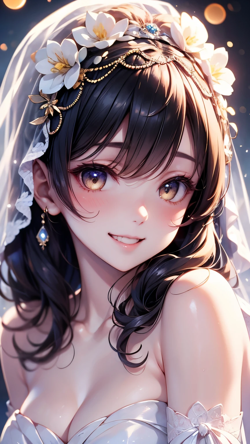 (sweat:0.7), light yellow wedding dress, white miniskirt ,woman, Japanese , beautiful face,  beautiful face,Bare shoulders, The shoulders are slightly exposed, Clear Skin, dark eyes, black hair,( Photorealistic:1.4),Realistic details,  high definition ,Bokeh,Outstanding details, and blushing , Grin,  face veil, 