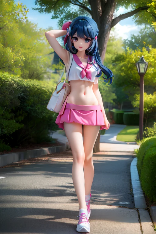 Dawn from Pokemon, tween, long beautiful blue hair, skimpy pink miniskirt