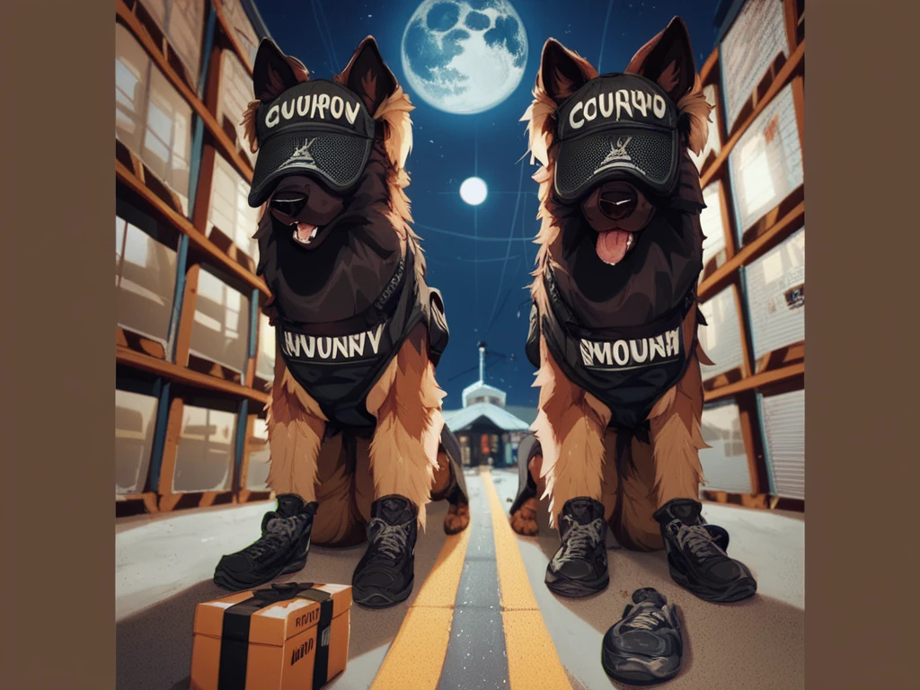 score_9, score_8_up, score_7_up, score_6_up,   two adult very long haired German shepherds wearing only black airport security dog covers, sniffling boxes in the airport cargo hall, Night time, full moon, long body fur,