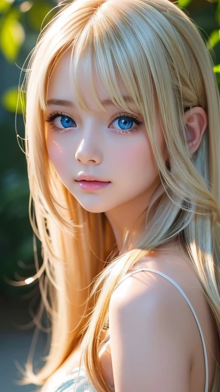 Super long, Silky blonde hair、messy bangs between the eyes、very cute, Beautiful and attractive girl、Very perfect beautiful cute face、beautiful, clear, shining, bright, pale white、sky blue eyes.、very big bright eyes、white and glossy skin、terrible face、cheek gloss highlight、small face beautiful girl、gentle expression、round face