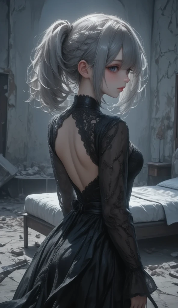 masterpiece, best quality, 8k, highres, ultra-detailed, HDR, UHD, ultra-fine painting,girl,fullbody,silver hair,side pony tail hair,girl close up,dark gothic, black dress flowing,from behind,look back,look at viewer,faint mist surrounding her, ominous and unsettling, abandoned hospital, cracked walls and floor, broken bed, debris scattered on the ground, dim lighting, eerie atmosphere,  soft light casting shadows, dark and mysterious mood, horror theme, supernatural presence