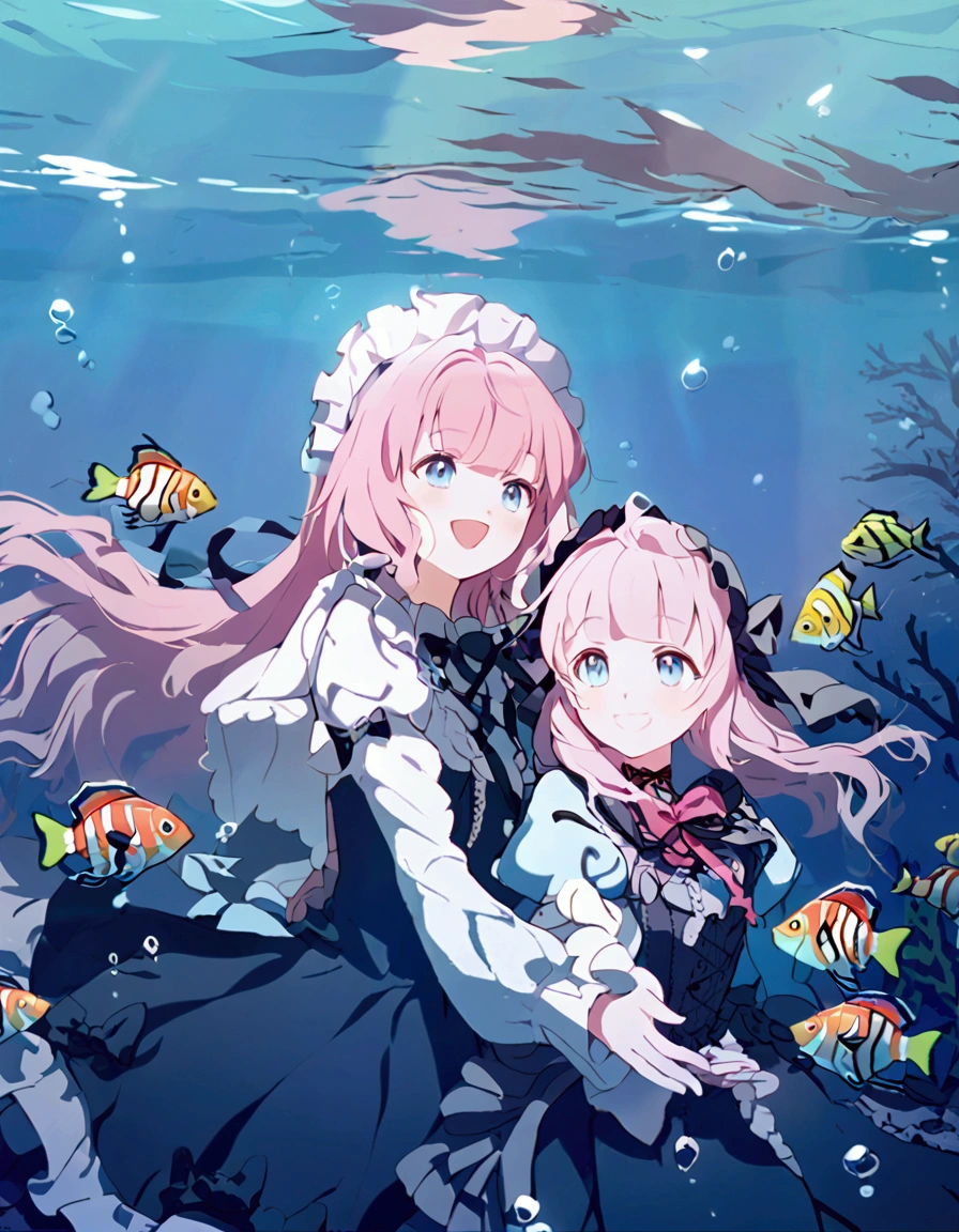 2 cute girls, light, lolita, pink hair, details, ribbon, bang, dress, under water, fish, smile, mirror