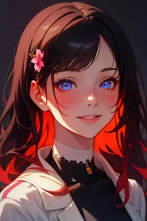 details face, alena aenami, hyperrealism, yanjun cheng, trending on artstation, digital painting, by kyoto animation studio, realism, hyperrealism, abstractionism, colorfull, watercolor, flat colors, 1girl, solo, detailed face, blush, detailed eyes, beautiful eyes, pink flower hairpin, violet eyes, white jacket with a zipper, choker on the neck, smile, light smile