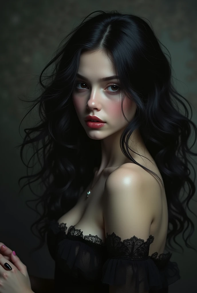 A girl with a diamond-shaped face, thin nose, thick, slightly red lips and long, wavy black hair, with a very small waist, and a fitted dress, with a dominant look and big blue eyes with white skin and a dark background 