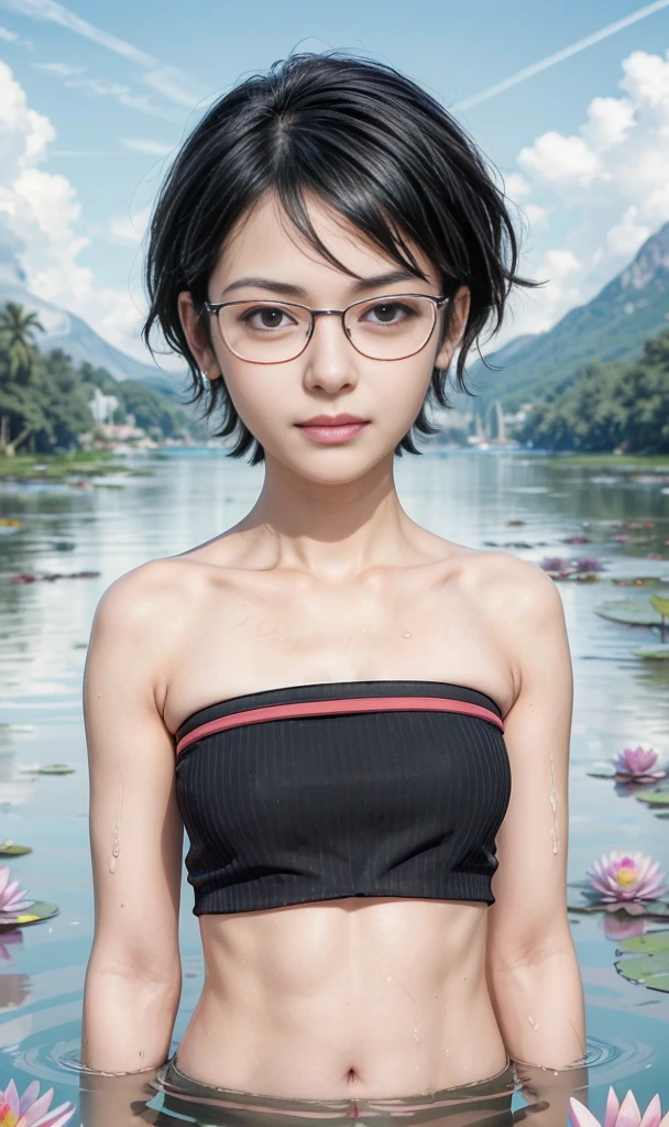 masterpiece, best quality, (realistic,photo-realistic:1.4), (RAW photo:1.2), extremely detailed CG unity 8k wallpaper, delicate and beautiful, amazing,finely detail, official art, absurdres, incredibly absurdres, huge filesize, ultra-detailed,extremely detailed eyes and face,light on face,sarada,(little smile),(black hair:1.4),(very short hair:1.6),(wearing tube top:1.5),window,(wearing red framed glasses:1.4),(small breast:1.3),chokers