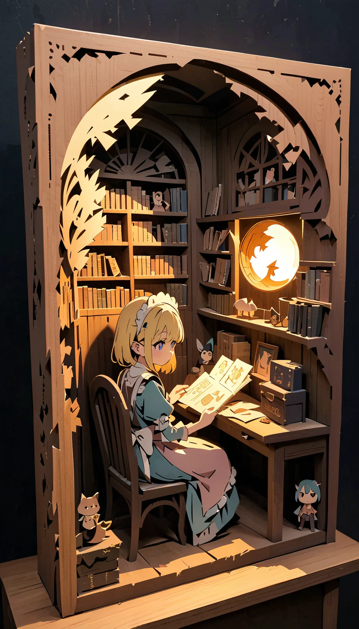 (  masterpiece  :1.2), ( top quality:1.2),  super high resolution,  very detailed,   PERFECT LIGHTING , Android girl reading a book,  sit on a chair,  golden hair ,  maid outfit ,  supernatural fantasy, cute, pastel colors,  Paper Cut Art , flat paper cutouts , Paper Art,  digital art ,  anime style illustration  , Animated Illustration , white background , Paper cutting,  dark and feel-good macro photo of a bookshelf