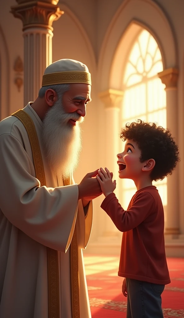 Imagine a Pixar-style scene, with vibrant colors and friendly strokes. or Padre Pio, with his traditional brown habit, black gloves and a well-groomed white beard, is crouched in a loving embrace with a 2-year-old boy. or , with dark brown hair , fair skin and a lovely look, is in the arms of Padre Pio, Grinning. or ambiente ao redor é acolhedor, with soft lighting that creates a feeling of warmth and comfort. The expression on Padre Pio&#39;s face is one of tenderness and peace, reflecting your genuine affection.