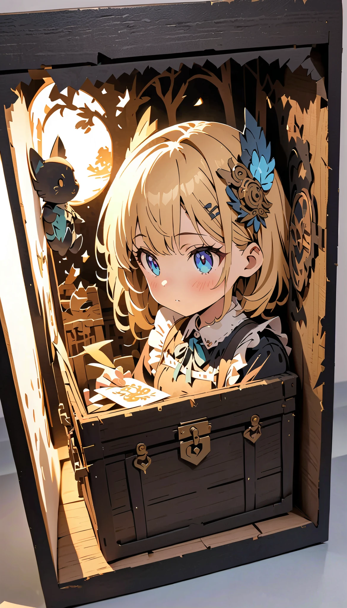 (  masterpiece  :1.2), ( top quality:1.2),  super high resolution,  very detailed,   PERFECT LIGHTING , Android Girl,  golden hair ,  maid outfit ,  supernatural fantasy, cute,  tilting your head ,  pastel colors,  Paper Cut Art , flat paper cutouts , Paper Art, ,   digital art ,  anime style illustration  , Animated Illustration , white background , Paper cutting, A dark and feel-good macro photo of a treasure chest