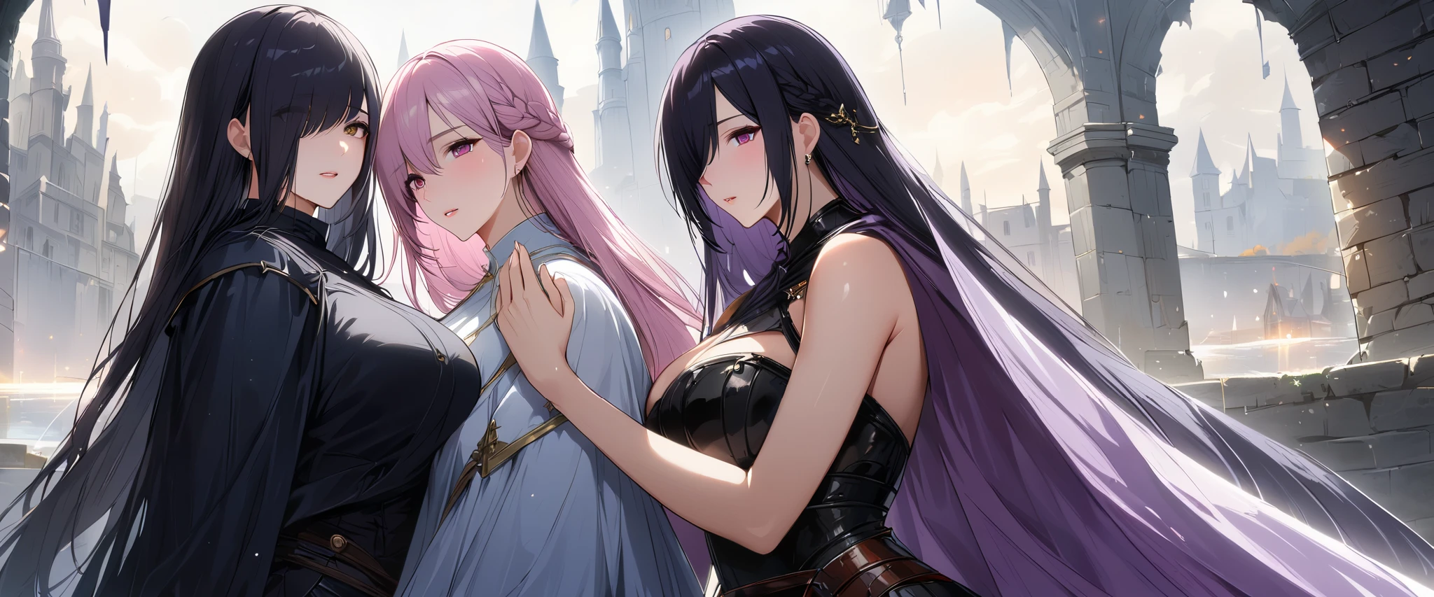 (masterpiece, UHD, 8K, 16K, ultra detailed, best quality:1.2), illustration, yuri, 2girls, (duo focus), Ily(girl on left, white long braided hair, hair over one eye, pink eyes, looking at Rize, praying, using a sister dress, priestess), Rize(girl on right, black short hair, tomboy, Golden eyes. rainy bangs, wearing a skimpy knight armor, holding sword), A fallen kingdom background, fallen flag, dark fantasy, medieval, Priestess and Knight, behind a castle ruin and fallen soldier