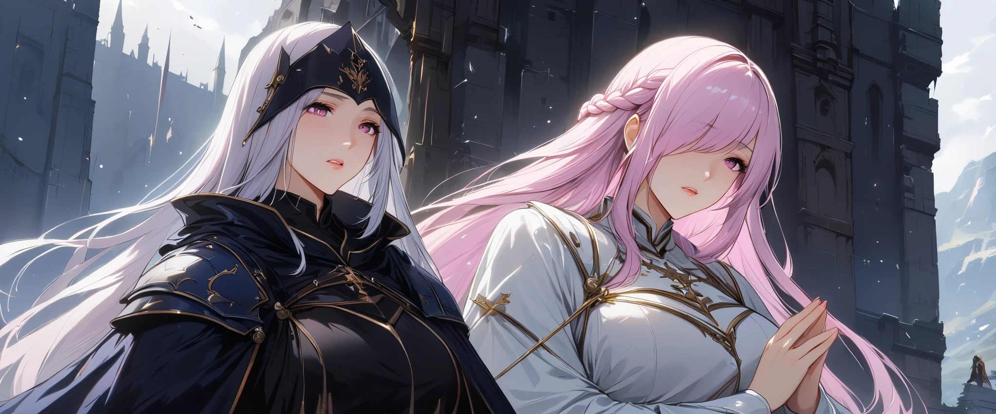 (masterpiece, UHD, 8K, 16K, ultra detailed, best quality:1.2), illustration, yuri, 2girls, (duo focus), Ily(girl on left, white long braided hair, hair over one eye, pink eyes, looking at Rize, praying, using a sister dress, priestess), Rize(girl on right, black short hair, tomboy, Golden eyes. rainy bangs, wearing a skimpy knight armor, holding sword), A fallen kingdom background, fallen flag, dark fantasy, medieval, Priestess and Knight, behind a castle ruin and fallen soldier