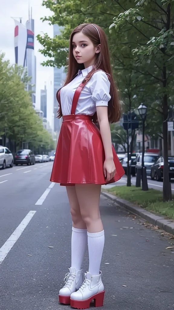 full body , fitted figure , cute beautiful pioneer schoogirl, beautiful cute **** face with big lips , High Waisted red leather skater pinafore dress, blouse short puffy sleeves , High Waisted red leather skater dress, red pioneer neckerchief , brunette long hair, Beautiful eyes. white stockings, thick platform shoes, a girl stands against the backdrop of a futuristic city, futuristic flying cars in the sky, green leaves on the trees, photorealistic, Full body