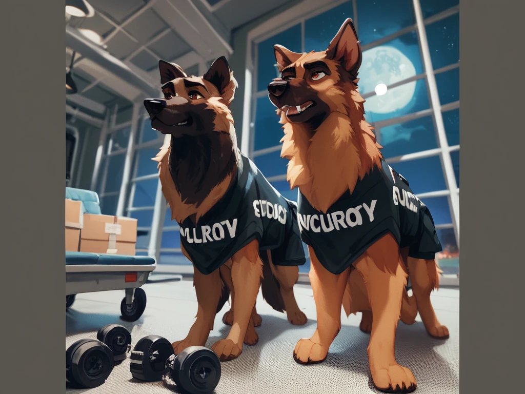 score_9, score_8_up, score_7_up, score_6_up,    two adult very long haired German shepherds wearing only black airport security dog sheet, sniffling boxes in the airport cargo hall, Night time, full moon, long body fur,