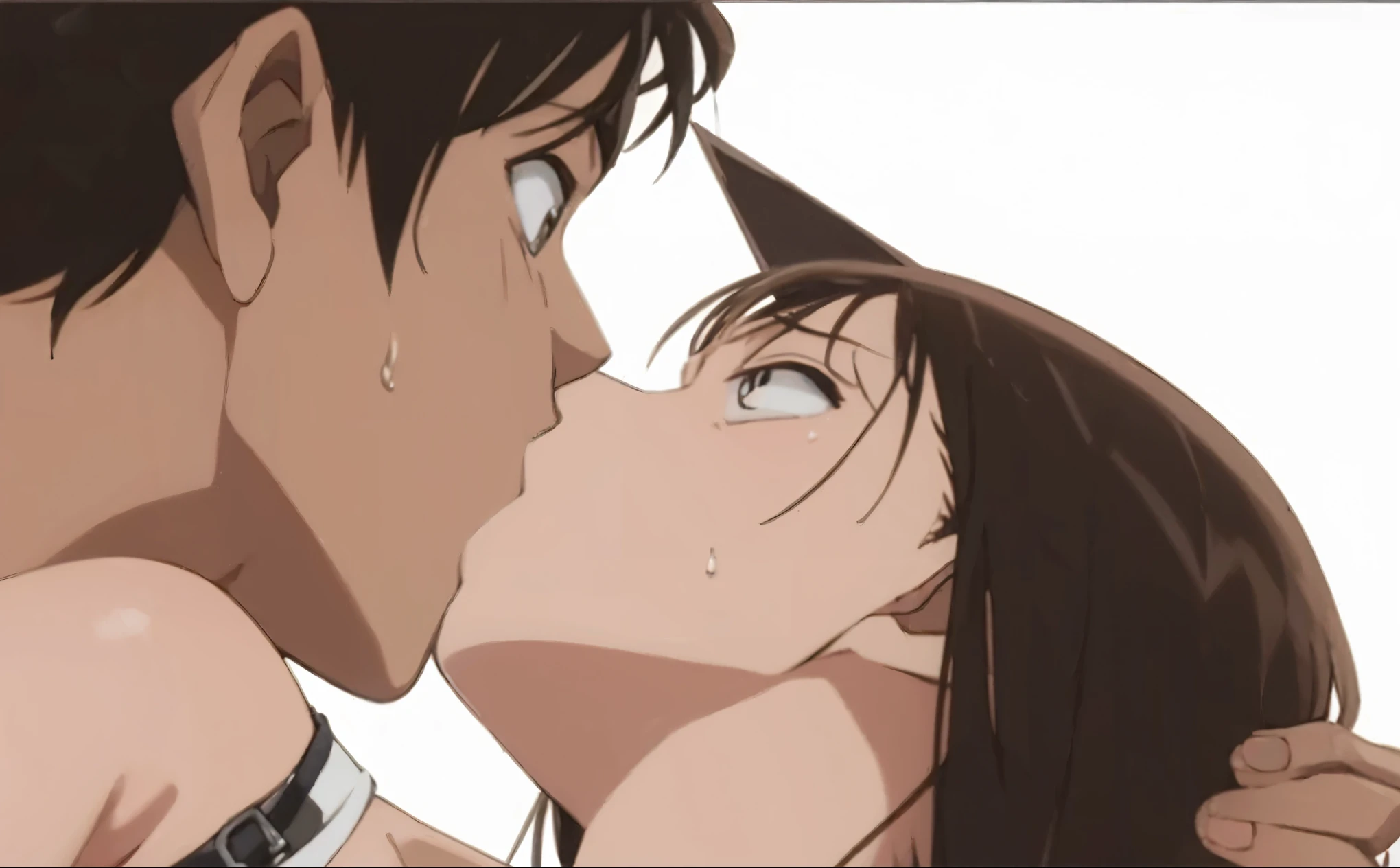 An anime girl with brown hair and a white shirt is kissing a man, goggles, 