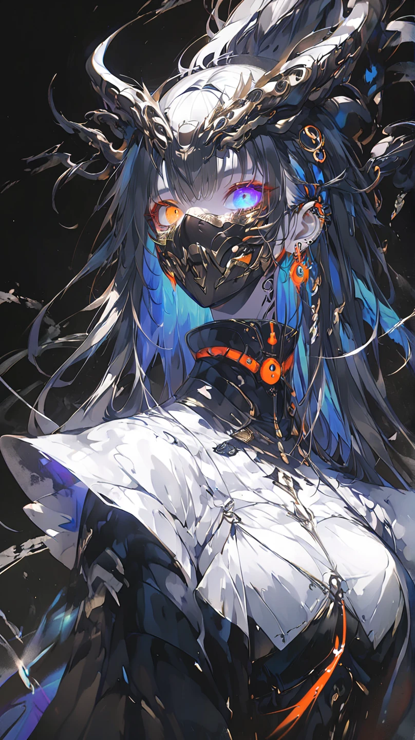 Black woman, sensuous, curvaceous, carnal,cool, powerful, (wearing cybernetic  grim Reaper mask, cyberpunk mecha ninja, mecha holographic dress, an orange bracelet:1.2), braids, long hair, (heterochromia eyes:1.2),,
detailed, ultra detailed, hyper detailed, insanely detailed, beautiful, 4K, 8K, 16K, absurdres, female, samurai, dragon, medusa, Geometric, medium hair, streaked hair, gradient hair, colored inner hair, with irises, odd eyes, piercing, earrings, with a tattoo, boots, with a sword, black background, gradient black background, at midnight, with a lightning, with a thunderstorm, dark atmosphere, dark academia, in a dark and gloomy world, hyperrealistic photo, ultra realistic photo, Cinema4D, holography, hard-edged, deconstructivism architecture, desperate, delicate facial features, full body shot, monochrome, vfx, darkness, cinematic lighting, depth of field, black, monochrome, subtle coloring, dark black, Black, jet black empress, jet black, A sword carved with a jet black dragon and a jet black serpent., Jet black dragon and jet black snake tattoo, jet black reaper, black warrior, deep black that doesn't let light through, jet black eyepatch, A well-defined and delicate face, jet black high heels, Eyes that shine suspiciously, Beautiful, slender fingers, 34K, jet black dragon, jet black snake.....,,