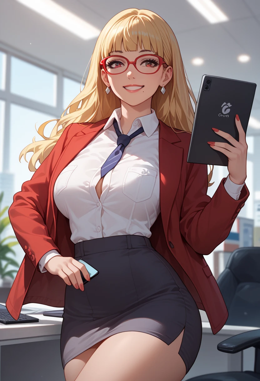  anime style, Women, alone, blonde,  long hair , fringe,  sexy secretary , red glasses,  office suit,  red jacket, camisa blanca con neckline, neckline, smile, Holding a tablet, very open blouse , pose sexy, Mole in a breast