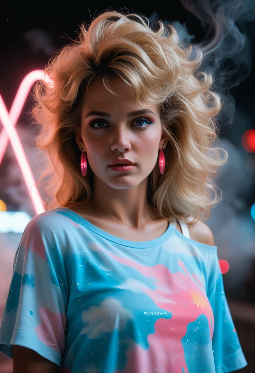 score_9, score_8_up, score_7_up, 80s-babes, (cinematic) lighting, closeup, steam, fog, smoke, 80s hair, poufy hair, big hair,  off shoulder shirt, geometric print shirt, neon shirt, (dark), ((neon light)), (pink light), (blue light), sidelight, backlight, blonde hair, film grain polaroid, legacy media , high contrast, earrings, 80s makeup 