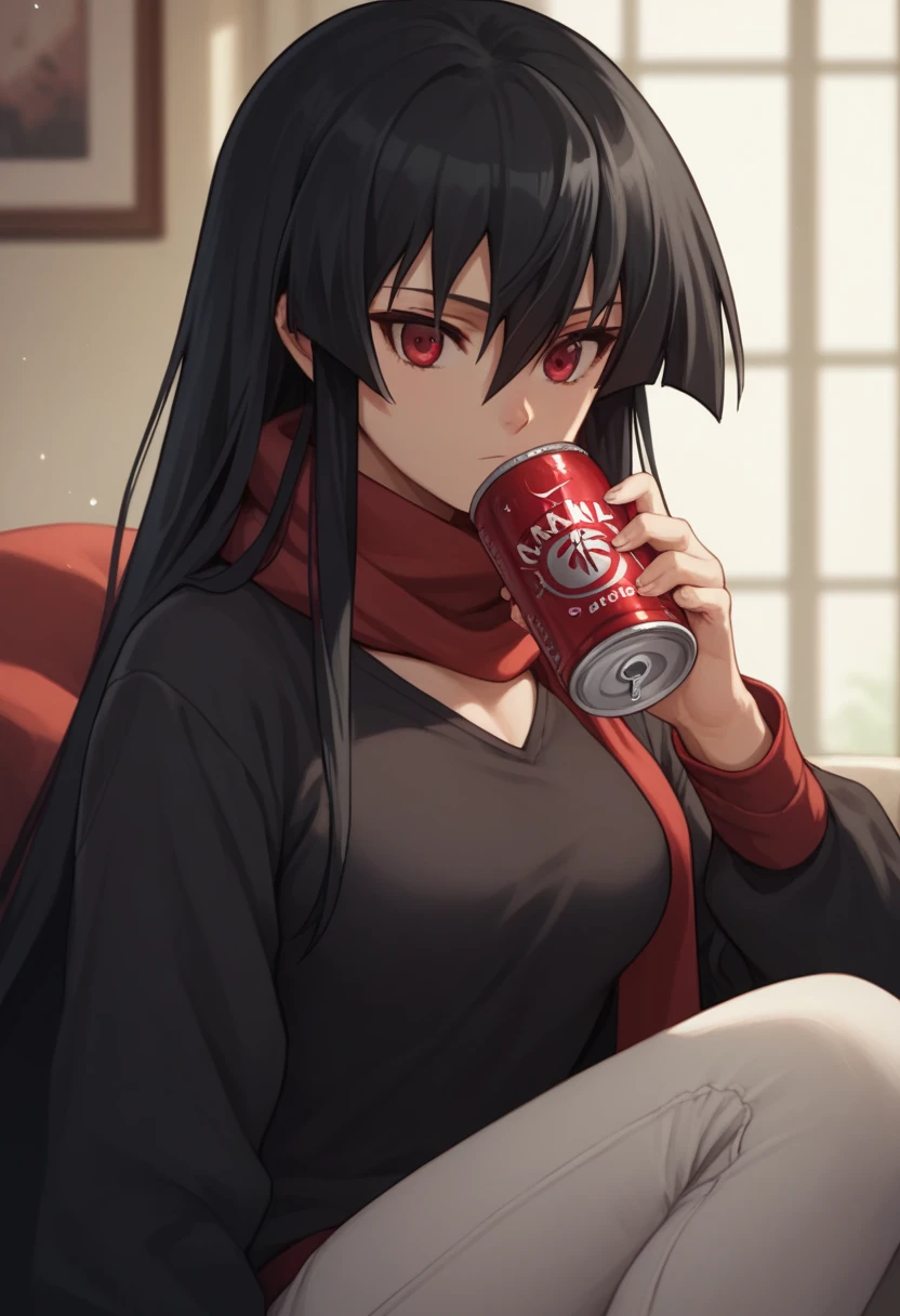 1girl, solo,akame, long hair, black hair, red eyes, hair between eyes,wearing a black shirt and remove the sleeves so that her arms and a little of her bust can be seen., with red scarf, and with white pants