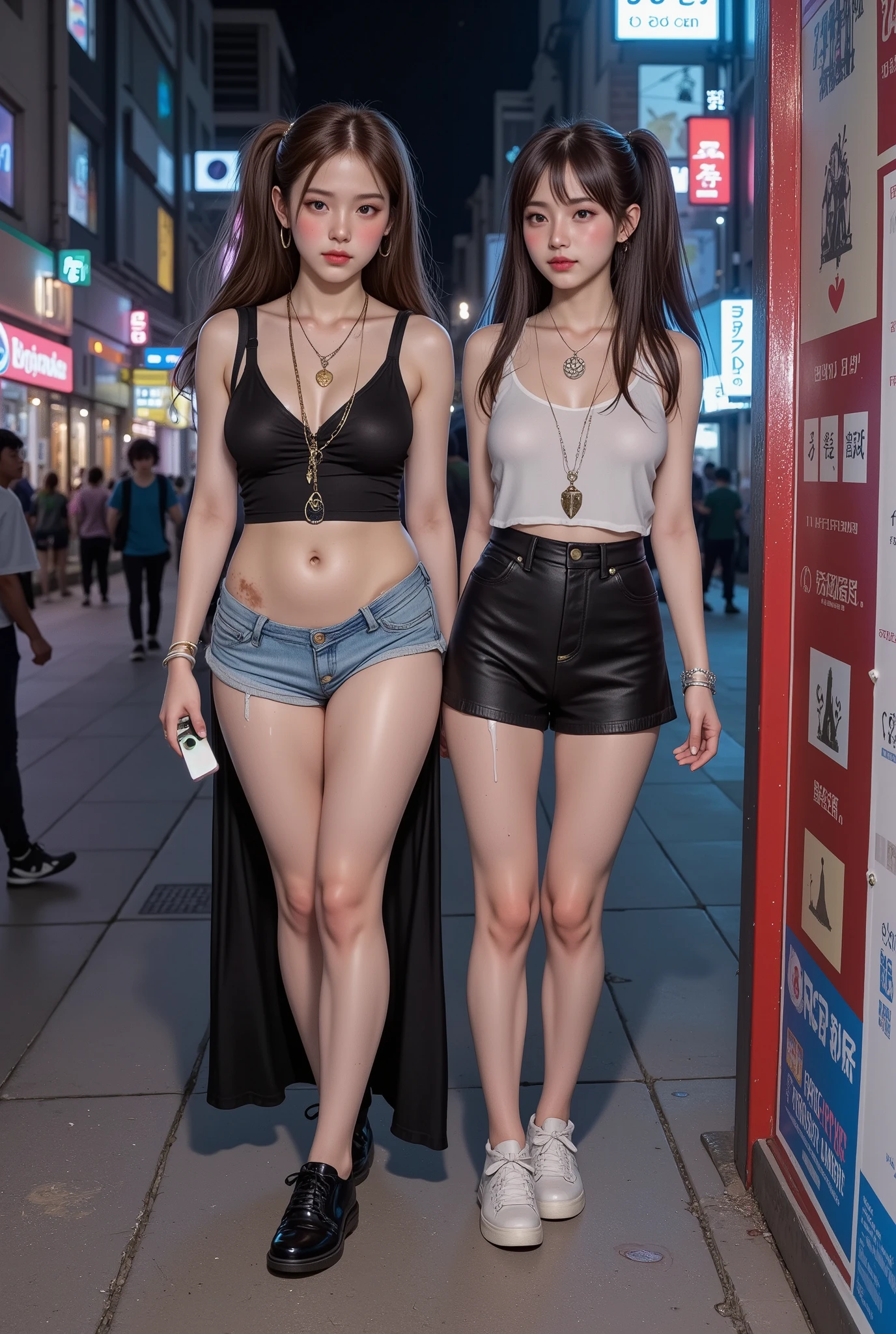 nsfw, low ambient light, flash, super detailed, photorealistic, 2girl, (beautiful girl, street prostitute, illegal), full body, korean girl,
(high resolution, masterpiece, highest quality:1.4), realistic, photo, amazing detail, 8k, high resolution, amazing many layers,
2girl, beautiful girls, Toyoko s, begging girls, poor girls, runaway girls, menhera girls, colorful, two standing side by side, two with different heights, one is a bit chubby, one has a lot of freckles, two have different hairstyles, one has super big boobs, one has a super mini skirt, one is wet,
girls wear simple casual wear of their own choice,
girls wear gothic lolita clothes,
girls wear hairstyles of their own choice,
girls are dirty,
girls' clothes are worn out,
girls' clothes are dirty,
girls' clothes are damaged,
girls wear cheap hair accessories, They are wearing cheap necklaces, cheap bracelets, cheap anklets,
the girls are carrying dirty carry-on bags,
the girls are carrying shopping bags full of plastic bottles and snacks,
they are carrying smartphones, freckles,
one girl has pee stains on her bottoms,
they are asking a homeless man out on a date,,
one girl is leaking urine,
one girl has her clothes pulled up to expose her breasts,
downtown at night, in a park at night,