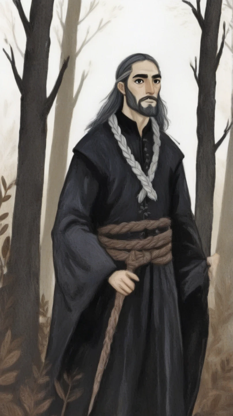 2D ART, hyper detailed gouache painting, illustration, gougoupaintleaves style, portrait of a man, 1boy, solo, long_hair, braided brown hair, high_ponytail_hairstyle, male_drow:1.5, dark elf, black eyes, black_sclera, detailed face, handsome features, dark medieval tunic, pointy ears, standing in a dark forest, pov from_below, frontal full body shot, on simple white background, full body shot, very detailed, ren's picture books