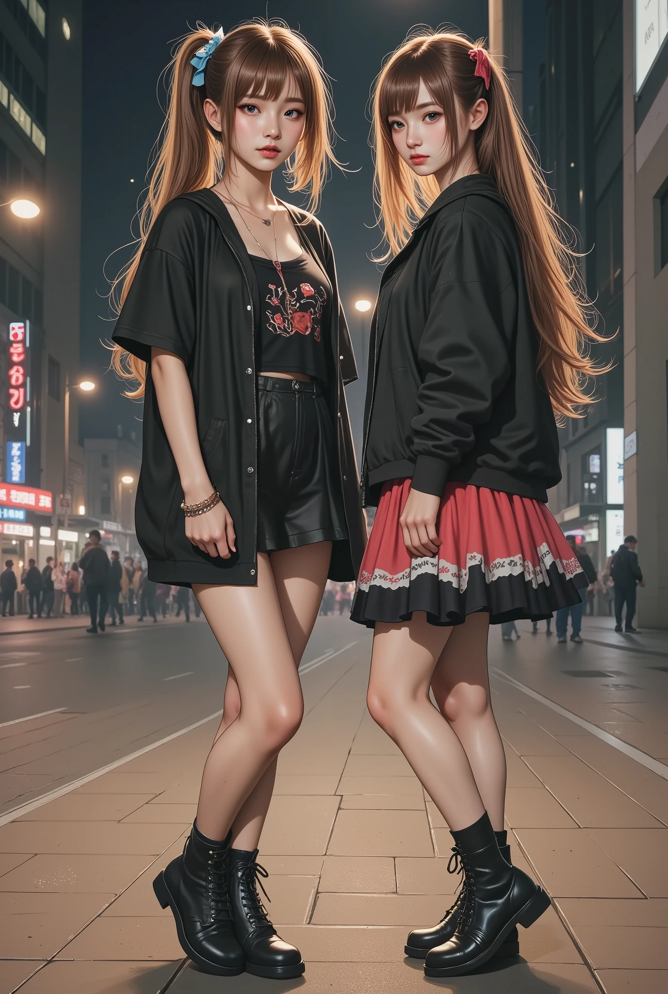 nsfw, low ambient light, flash, super detailed, photorealistic, 2girl, (beautiful girl, street prostitute, illegal), full body, korean girl,
(high resolution, masterpiece, highest quality:1.4), realistic, photo, amazing detail, 8k, high resolution, amazing many layers,
2girl, beautiful girls, Toyoko s, begging girls, poor girls, runaway girls, menhera girls, colorful, two standing side by side, two with different heights, one is a bit chubby, one has a lot of freckles, two have different hairstyles, one has super big boobs, one has a super mini skirt, one is wet,
girls wear simple casual wear of their own choice,
girls wear gothic lolita clothes,
girls wear hairstyles of their own choice,
girls are dirty,
girls' clothes are worn out,
girls' clothes are dirty,
girls' clothes are damaged,
girls wear cheap hair accessories, They are wearing cheap necklaces, cheap bracelets, cheap anklets,
the girls are carrying dirty carry-on bags,
the girls are carrying shopping bags full of plastic bottles and snacks,
they are carrying smartphones, freckles,
one girl has pee stains on her bottoms,
they are asking a homeless man out on a date,,
one girl is leaking urine,
one girl has her clothes pulled up to expose her breasts,
downtown at night, in a park at night,