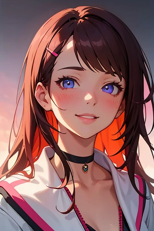 details face, alena aenami, hyperrealism, yanjun cheng, trending on artstation, digital painting, by kyoto animation studio, realism, hyperrealism, abstractionism, colorfull, watercolor, flat colors, 1girl, solo, detailed face, blush, detailed eyes, beautiful eyes, pink flower hairpin, violet eyes, white jacket with a zipper, choker on the neck, smile, light smile