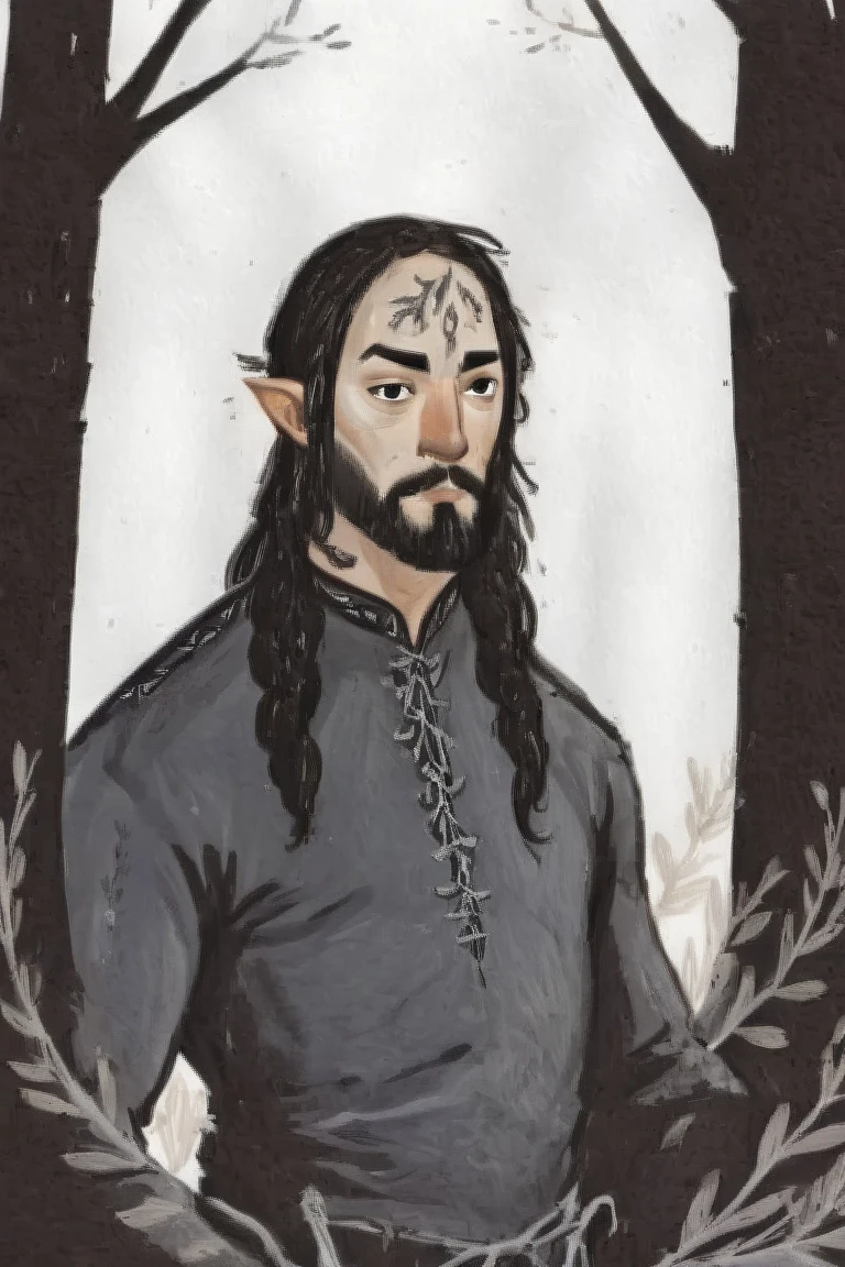 2D ART, hyper detailed gouache painting, illustration, gougoupaintleaves style, portrait of a man, 1boy, solo, long_hair, braided brown hair, high_ponytail_hairstyle, male_drow:1.5, dark elf, black eyes, black_sclera, detailed face, handsome features, dark medieval tunic, pointy ears, standing in a dark forest, pov from_below, frontal full body shot, on simple white background, full body shot, very detailed, ren's picture books