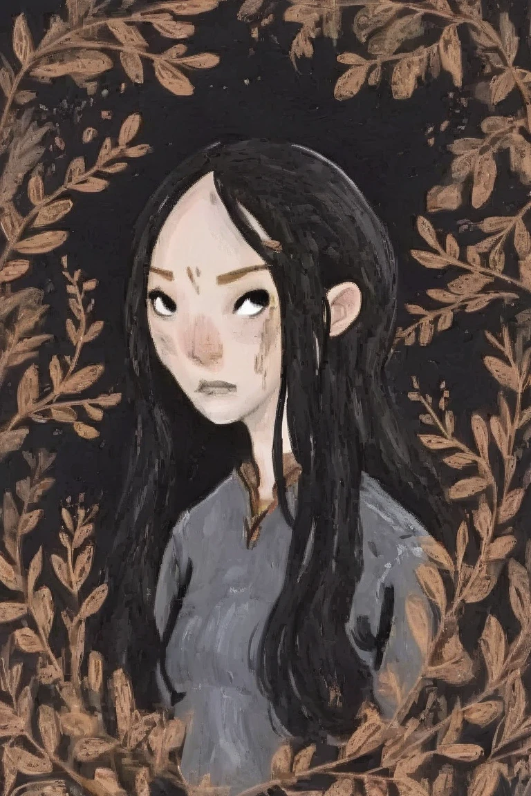 2D ART, hyper detailed gouache painting, illustration, gougoupaintleaves style, portrait of a man, 1boy, solo, long_hair, braided brown hair, high_ponytail_hairstyle, male_drow:1.5, dark elf, black eyes, black_sclera, detailed face, handsome features, dark medieval tunic, pointy ears, standing in a dark forest, pov from_below, frontal full body shot, on simple white background, full body shot, very detailed, ren's picture books