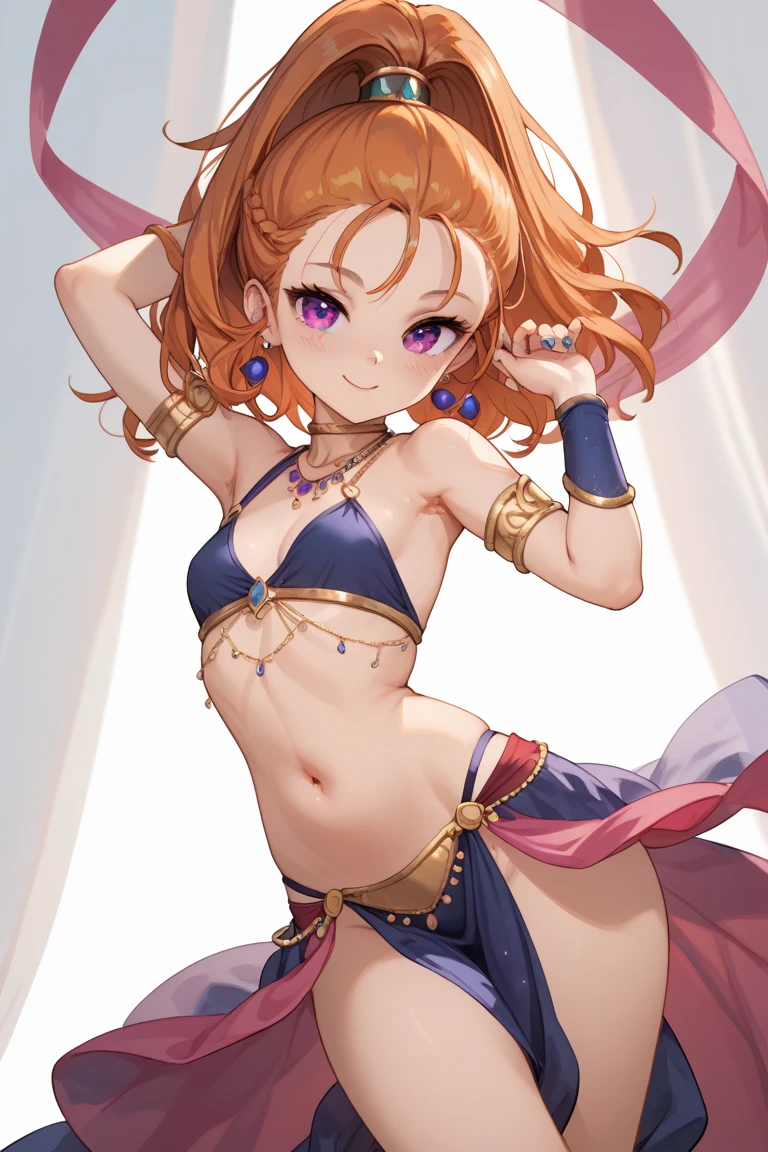 dqbbra, 1girl, orange hair, high ponytail, medium hair, purple eyes,  small breasts, loli, NSFW, belly dancer, dancing, Stardust Stage,